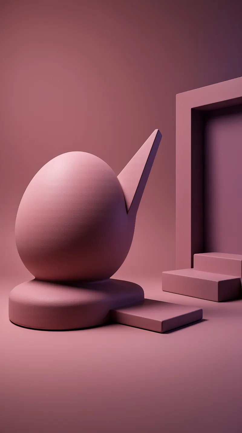Soft pink abstract shapes feature a large sphere, angular spike, and blocks inside a minimal monochromatic space.