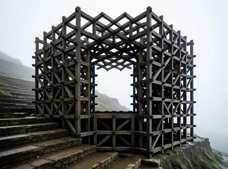A dark wooden lattice pavilion stands on a misty mountain ledge beside wet stone stairs ascending into the fog.