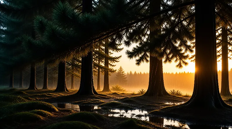 Tall pine trees stand across a wet mossy forest floor as warm orange sunset light filters through falling rain across the clearing.