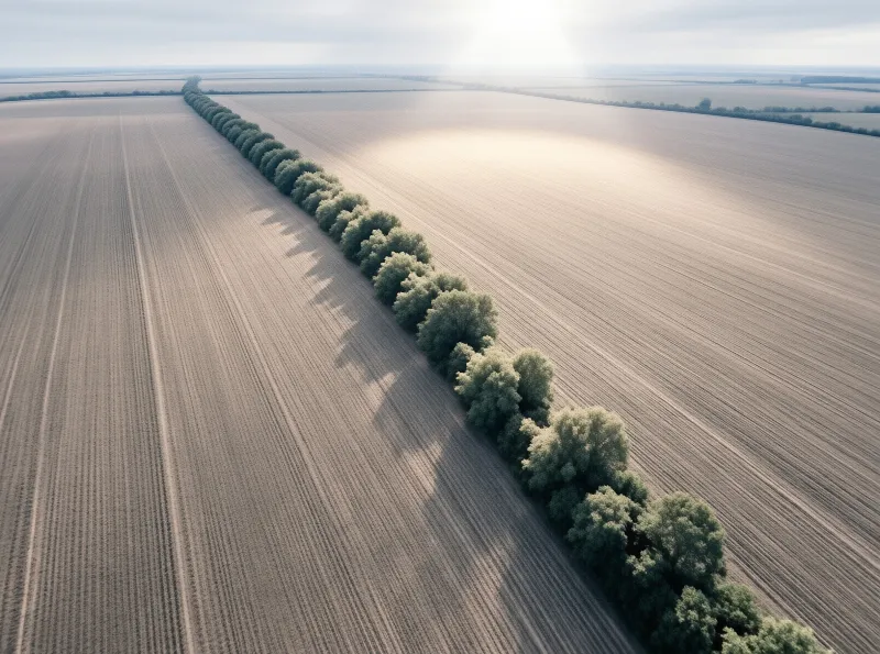 A long straight row of trees divides a vast plowed agricultural field under soft light.