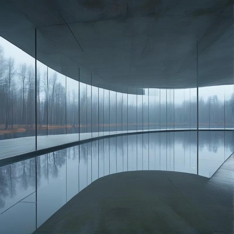 A minimalist interior with a curved glass wall looks out onto a silent lake and trees hidden in thick blue fog.