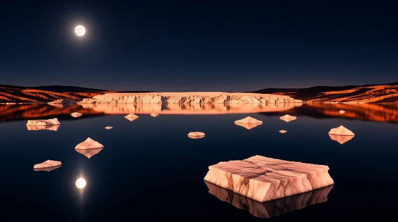 Several large white icebergs float on a dark blue lake beneath a clear night sky, with a full moon casting a reflection on the water surface while distant orange hills line the horizon.