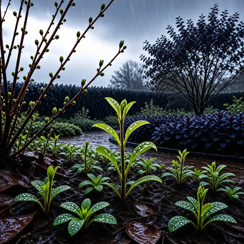 Young Tea Plants in Rain
