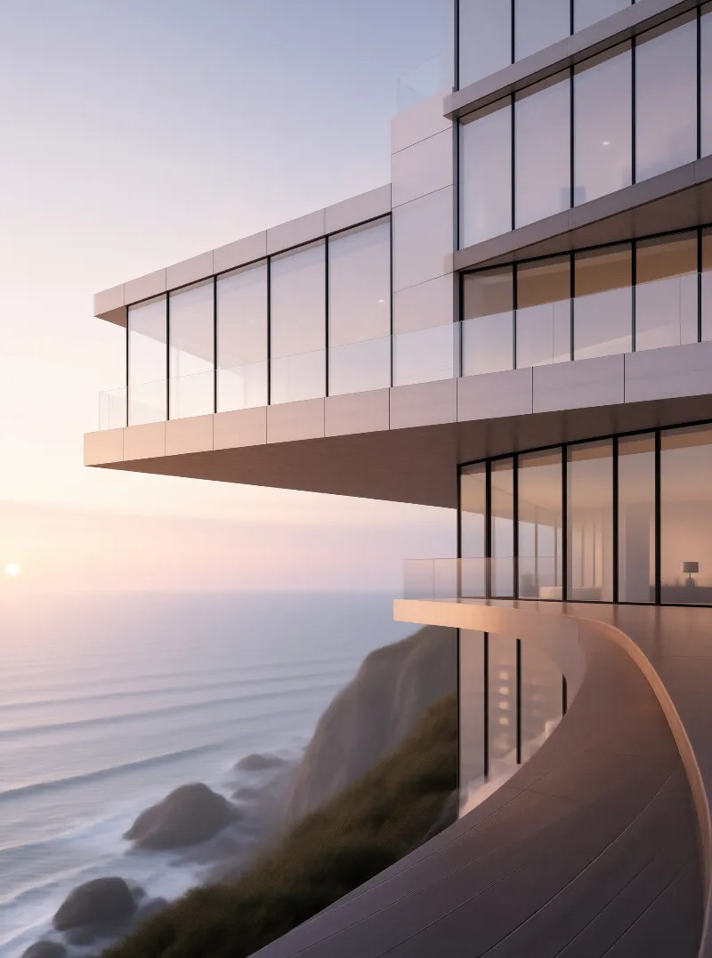 Modern Coastal Building at Sunset