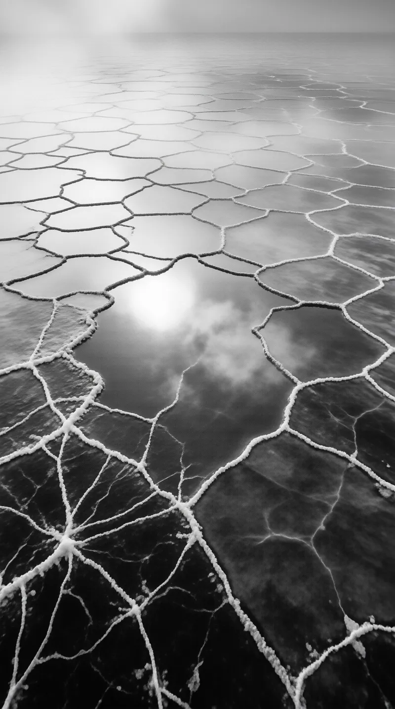 A black and white view of a frozen lake with hexagonal ice ridges reflecting a bright sun and clouds