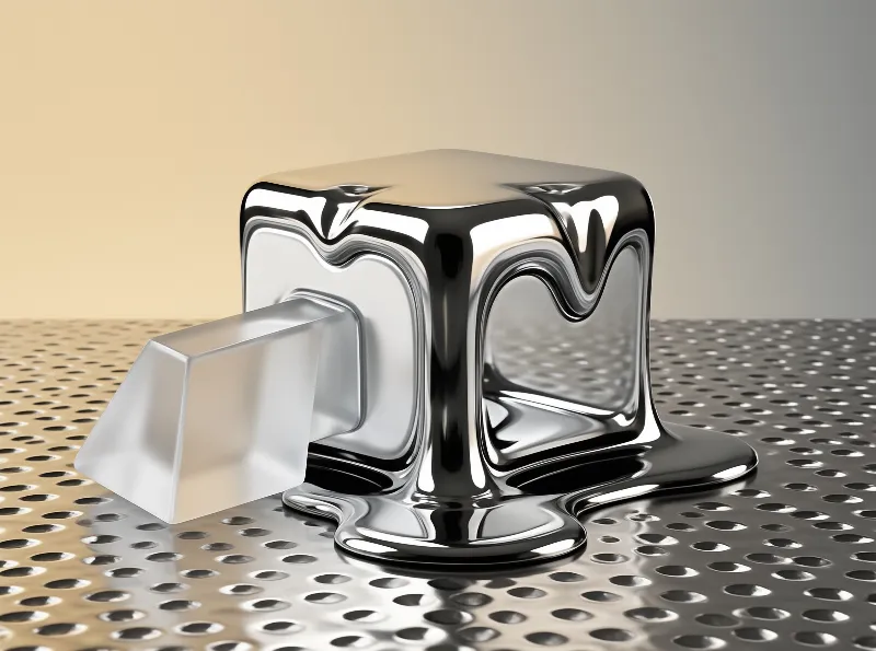 A mirrored chrome cube drips liquid metal across a perforated steel plate in gradient light.