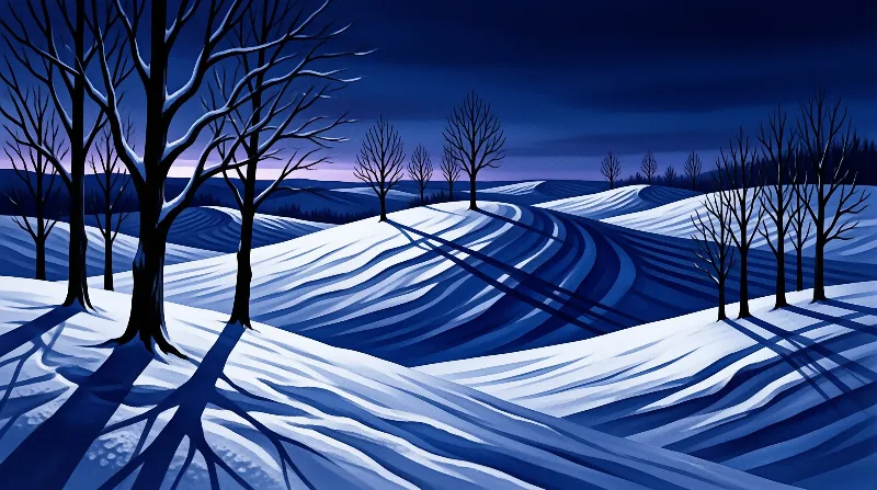 Bare winter trees cast long blue shadows across rippled snowdrifts under a dark indigo sky.