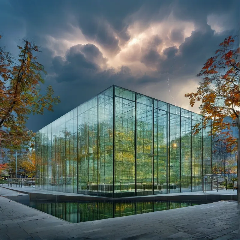 A modern glass pavilion stands surrounded by water beneath a dark sky pierced by lightning and illuminated by sunlight.