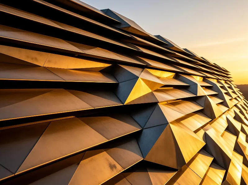 Rows of angular bronze louvers overlap like scales, their sharp edges alight with warm evening sun against a pale amber sky.