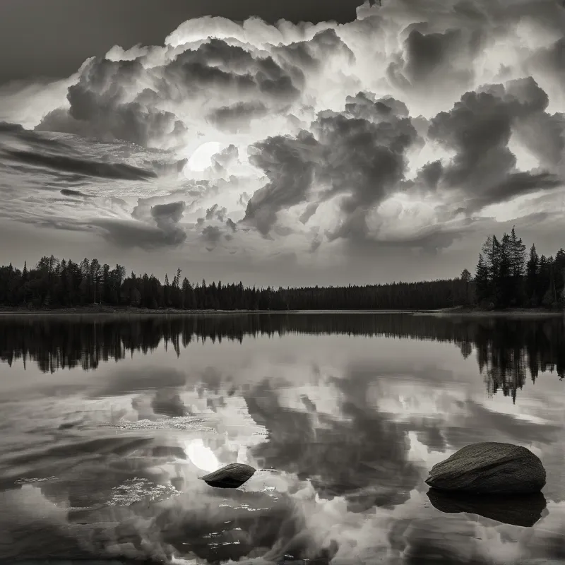 A calm lake mirrors a towering cloud formation above a dark forest line with two rocks in the foreground.