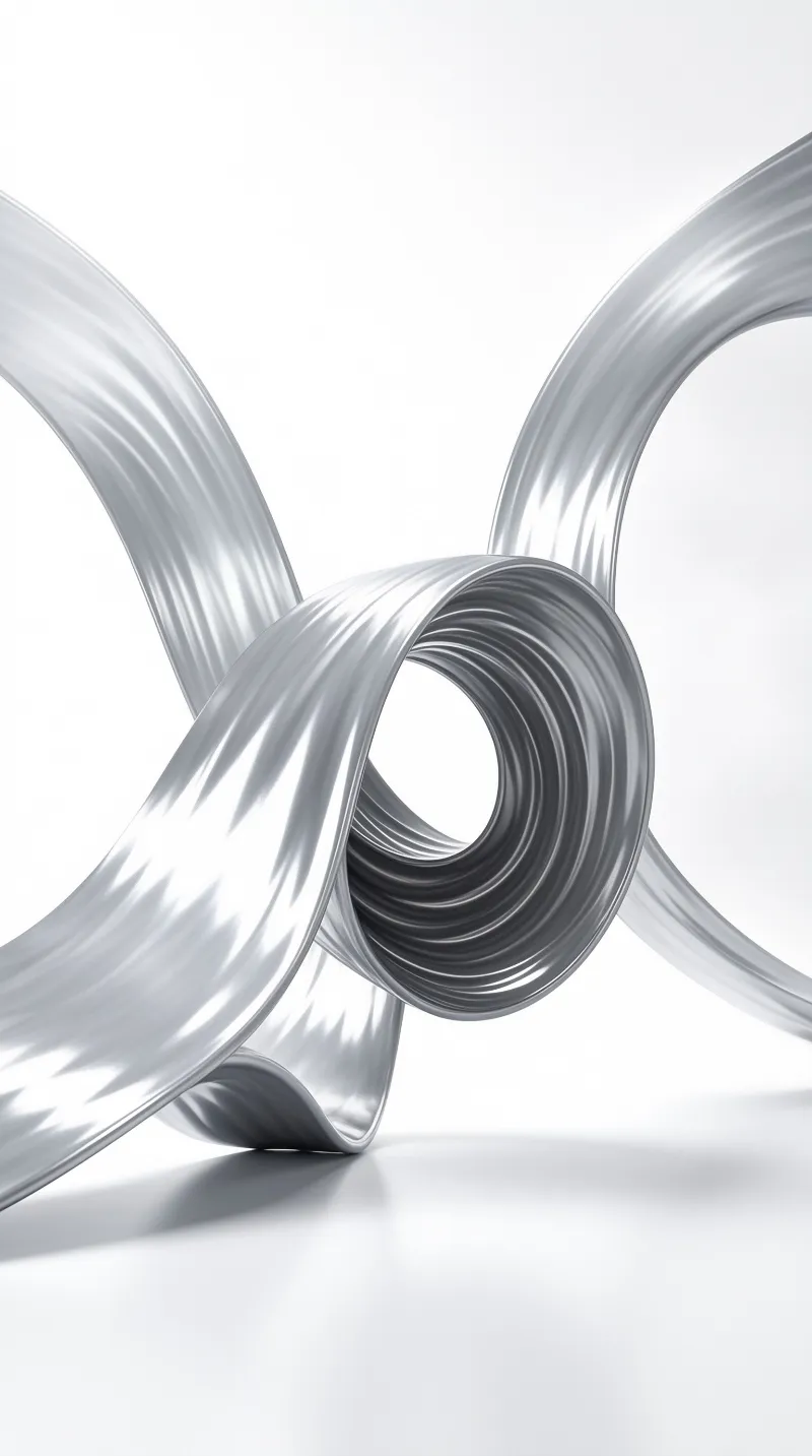 A glossy silver metal ribbon twists into a circular loop against a clean white background with soft shadows.