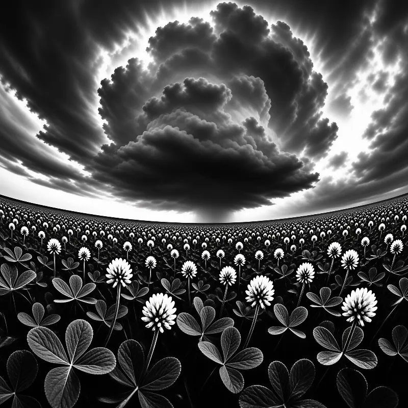 A vast field of clovers stretches under a dramatic sky filled with a massive dark cloud and radiating sunbeams.
