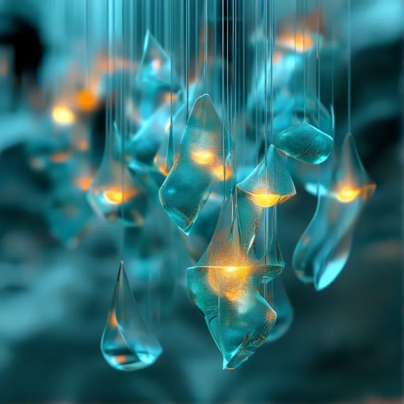 Translucent teal fragments suspended on fine wires glow from within against a softly blurred blue green interior.