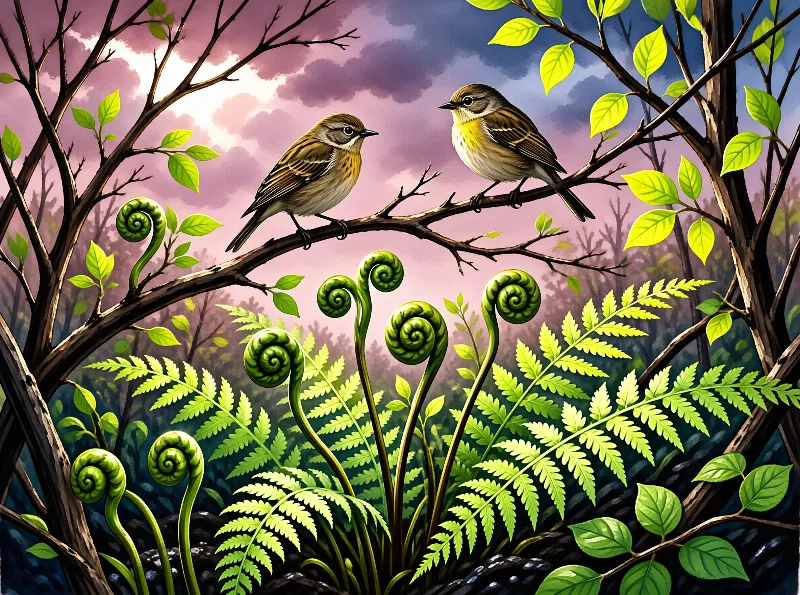 A pair of tiny birds sits on a woody limb over rising ferns under a dusky purple sky