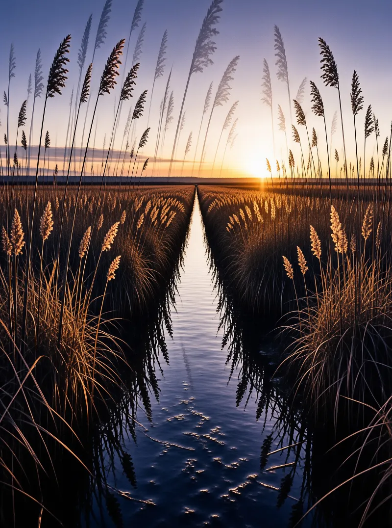 A narrow waterway cuts through tall marsh grass at golden hour with the low sun glowing between the reeds on both banks