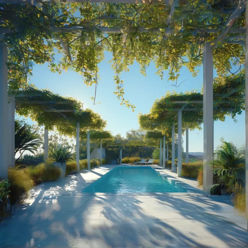 A long swimming pool lies beneath leafy pergolas casting dappled shadows on the stone patio near lounge chairs.