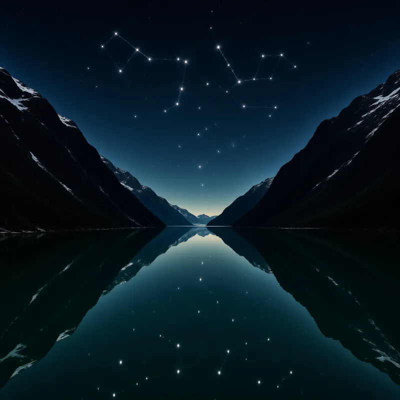 Dark mountain walls funnel toward a still fjord whose glassy surface doubles the constellation marked sky