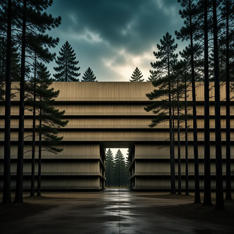 A symmetrical concrete building with a central opening is framed by tall dark pine silhouettes under a dramatic overcast sky.