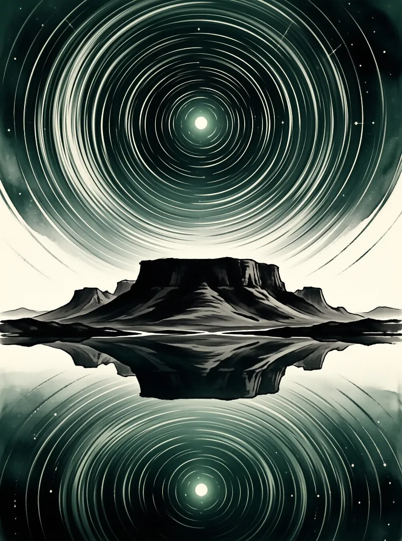 A plateau mountain reflects in still water while concentric star trails circle a night star above and below the horizon.