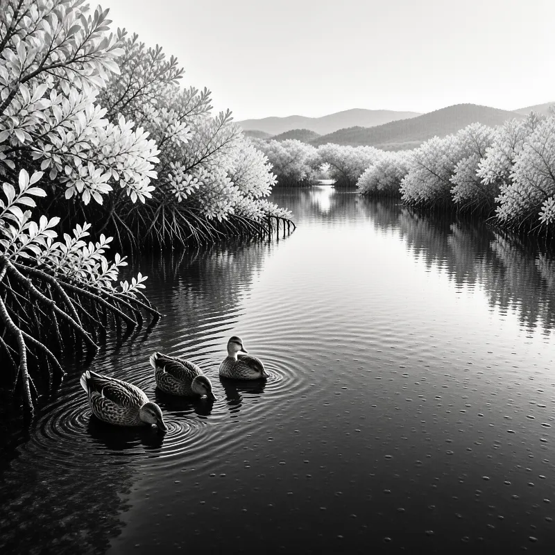 A black and white photo shows three ducks floating on calm water with reflections of leafy trees and distant hills.