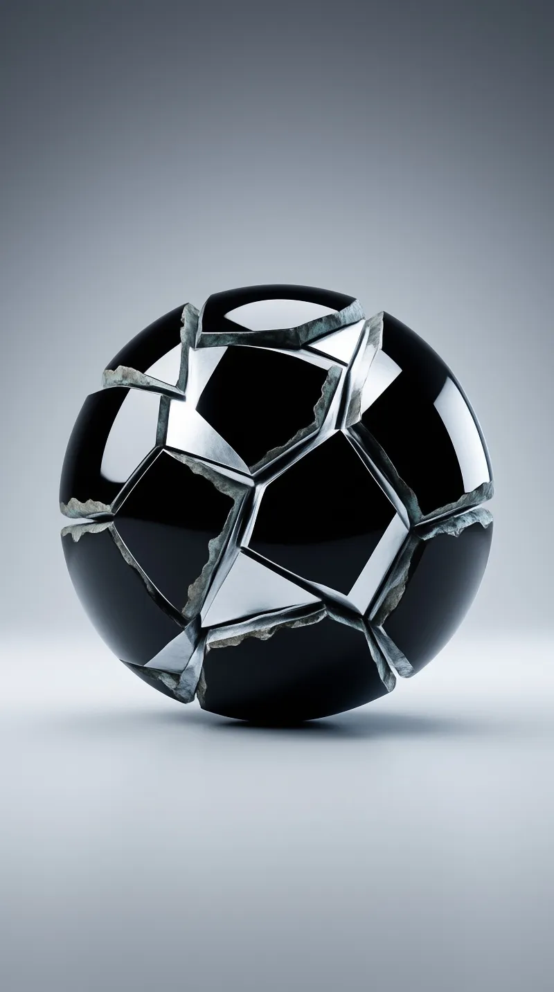 A soccer ball with shattered metallic fragments rests on a smooth gray surface under soft lighting.