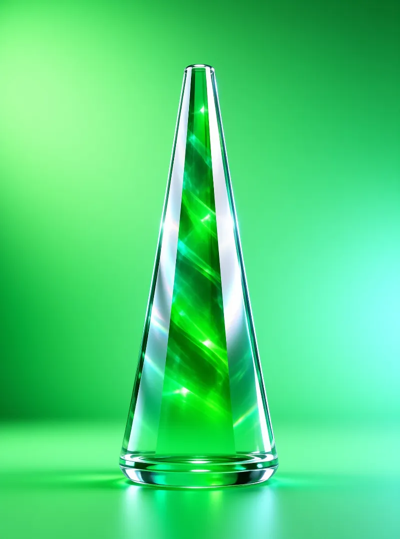 A tall transparent crystal column twists through the center of a frame filled with vibrant emerald hues.