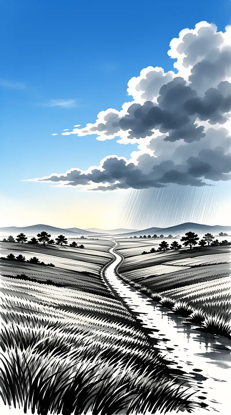A winding path cuts through grassy fields towards hills while rain falls from dark clouds against a bright blue sky.