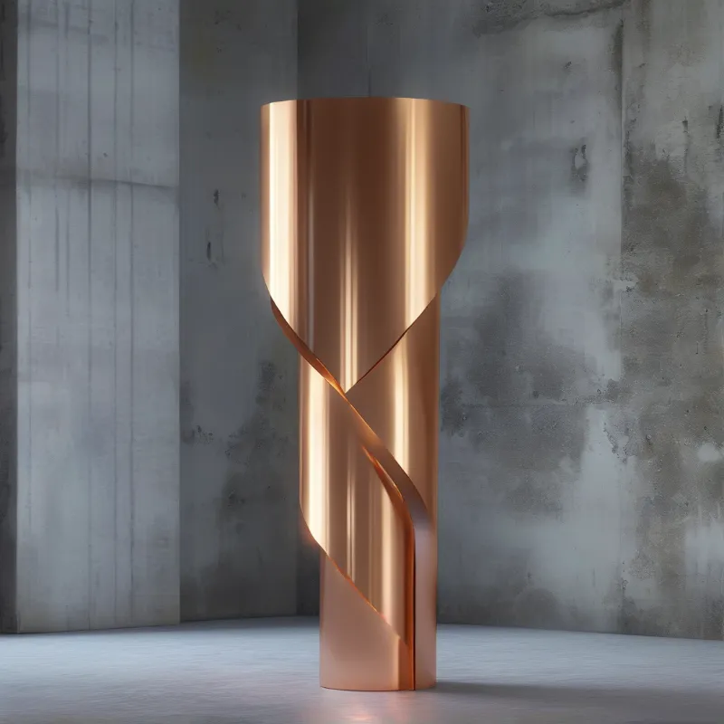 A tall polished copper sculpture with a twisted loop design stands against a textured grey concrete wall.