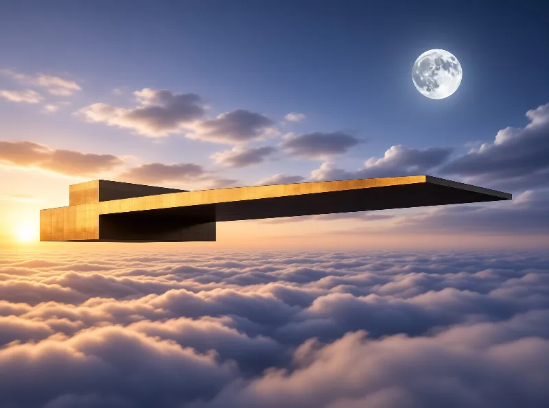 A sleek geometric structure hovers over a vast cloud layer while sunlight and the full moon illuminate the sky.