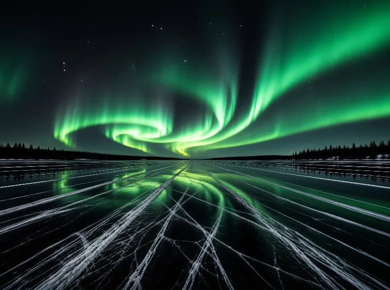 Bright green northern lights dance above a cracked frozen lake reflecting the sky.