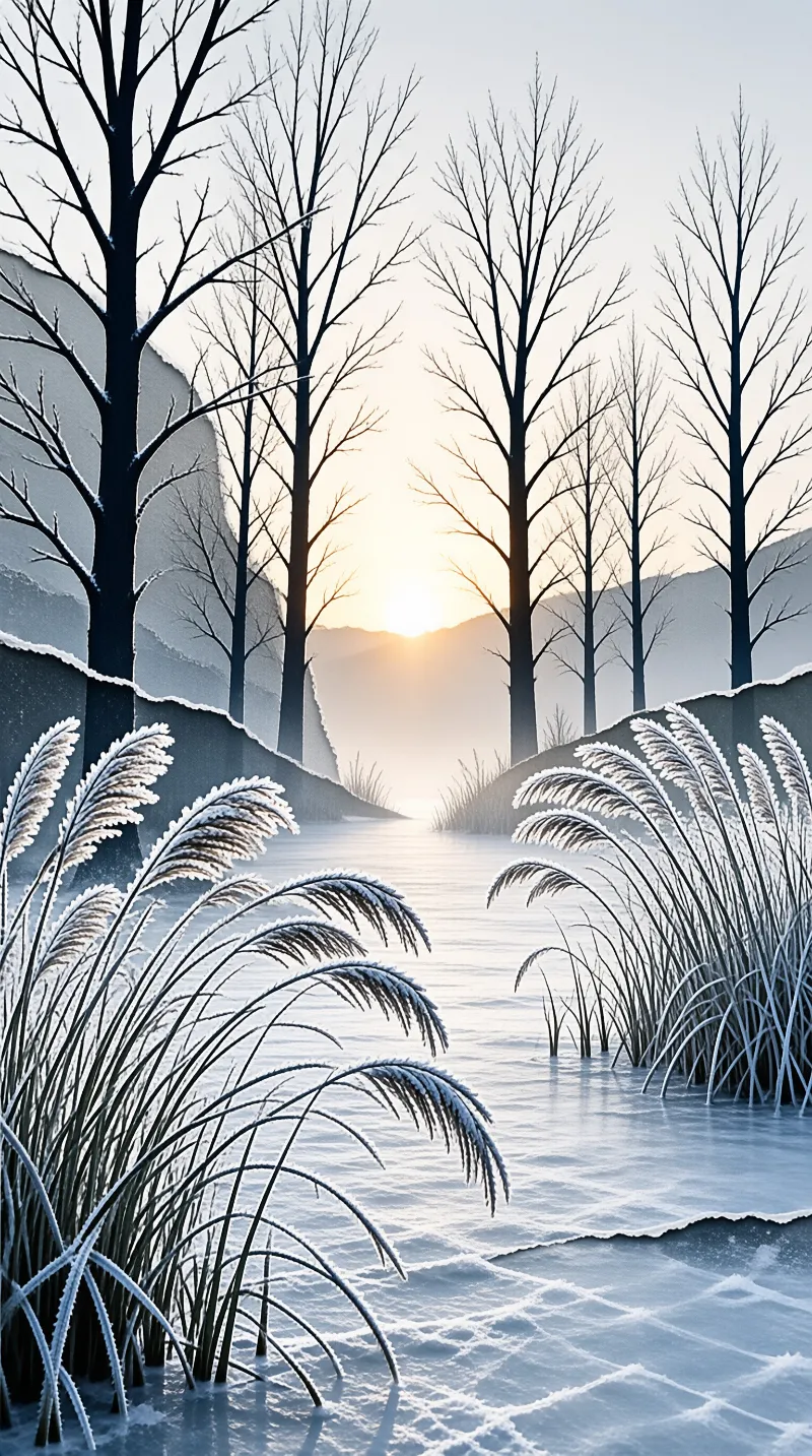Leafless trees line the banks of a frozen river with snowy reeds in the foreground and sunlight glowing through branches.