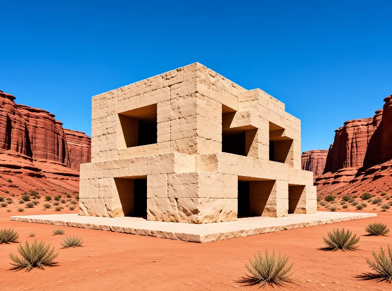A massive beige structure of stacked sandstone blocks stands on a platform amidst red desert cliffs and sparse vegetation.