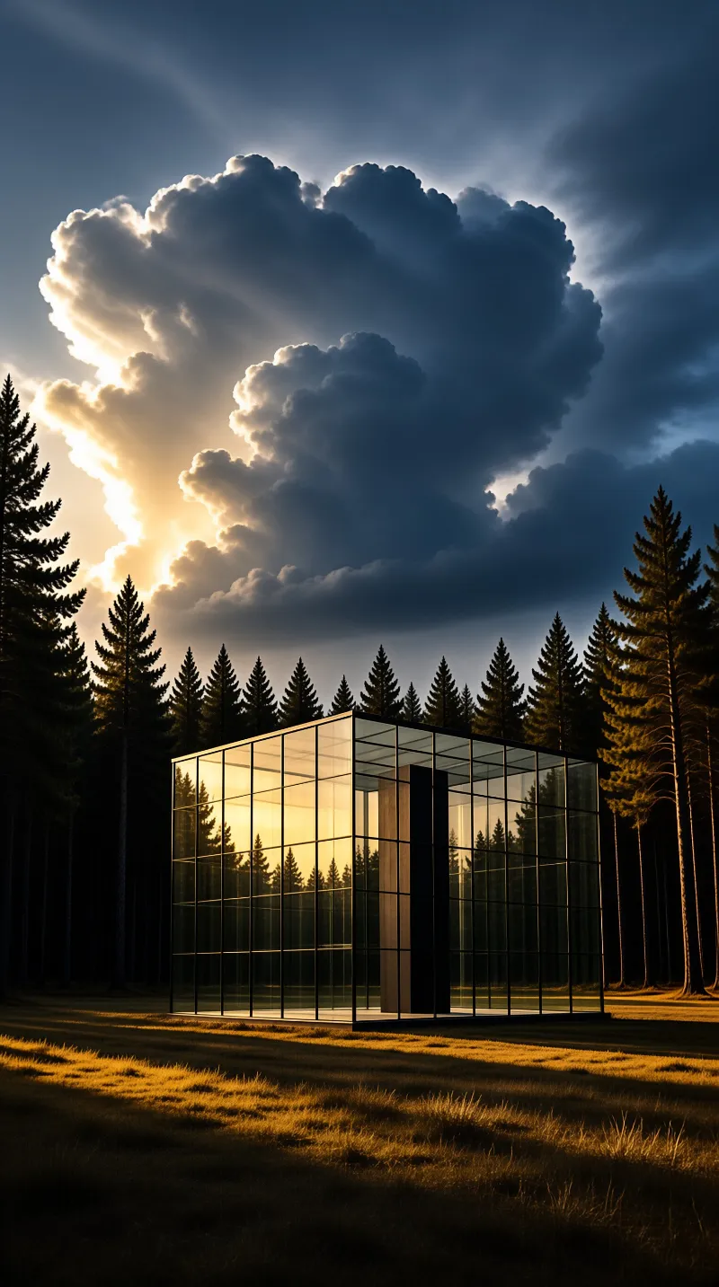 Transparent glass cabin in a dark forest clearing lit by dramatic sunset rays and heavy clouds.