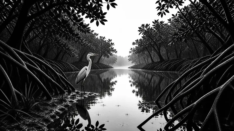 A black and white photo of a heron standing still on the bank of a narrow waterway surrounded by dark arching tree roots.