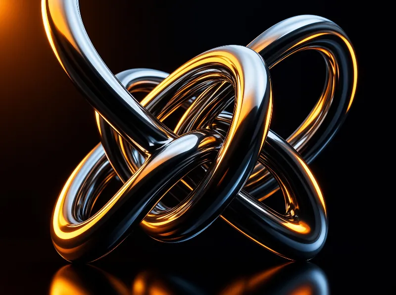 A polished interwoven metal knot rests against a deep black background, warm golden rim light tracing its glossy curved edges.