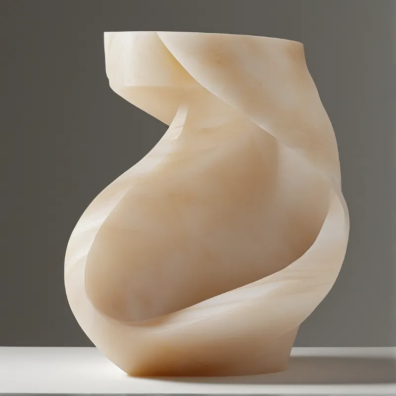 A twisted white sculpture with a vase-like shape rests on a surface against a grey background in soft light.
