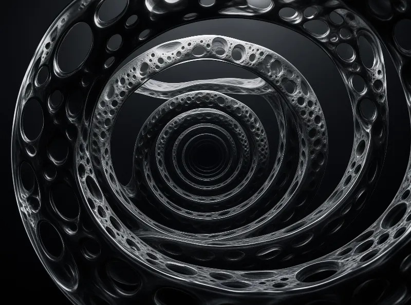 A monochrome spiral structure with many circular holes recedes into a dark central void.