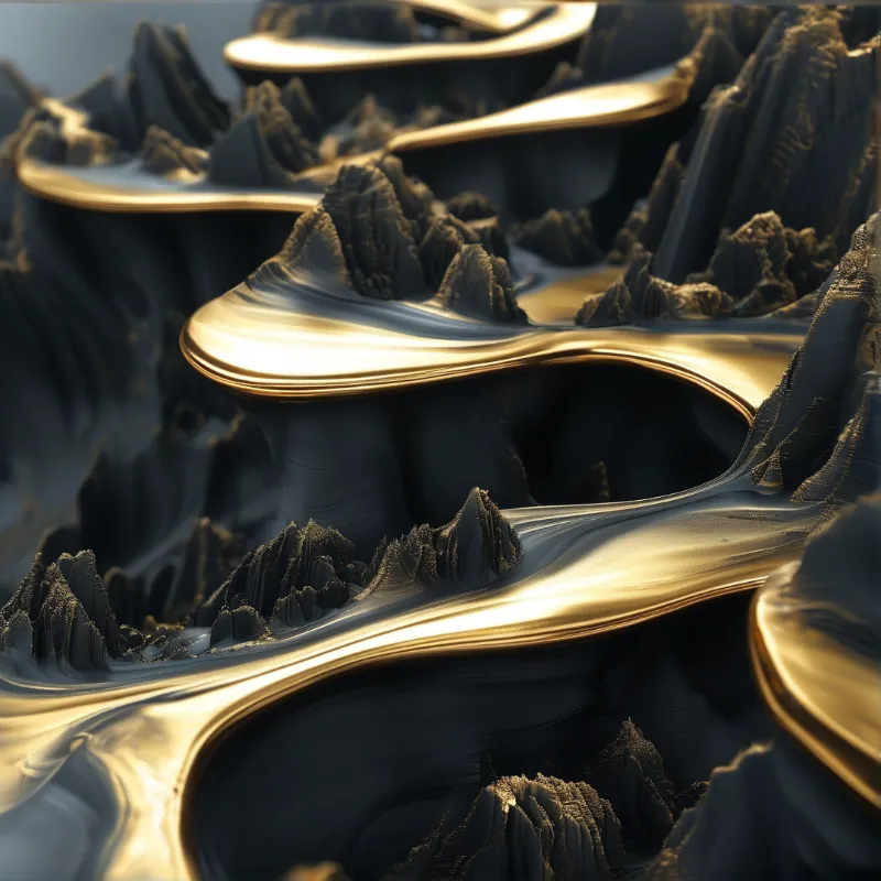 Reflective golden pools lie contained between jagged charcoal formations like rivers of molten metal on an alien terrain.
