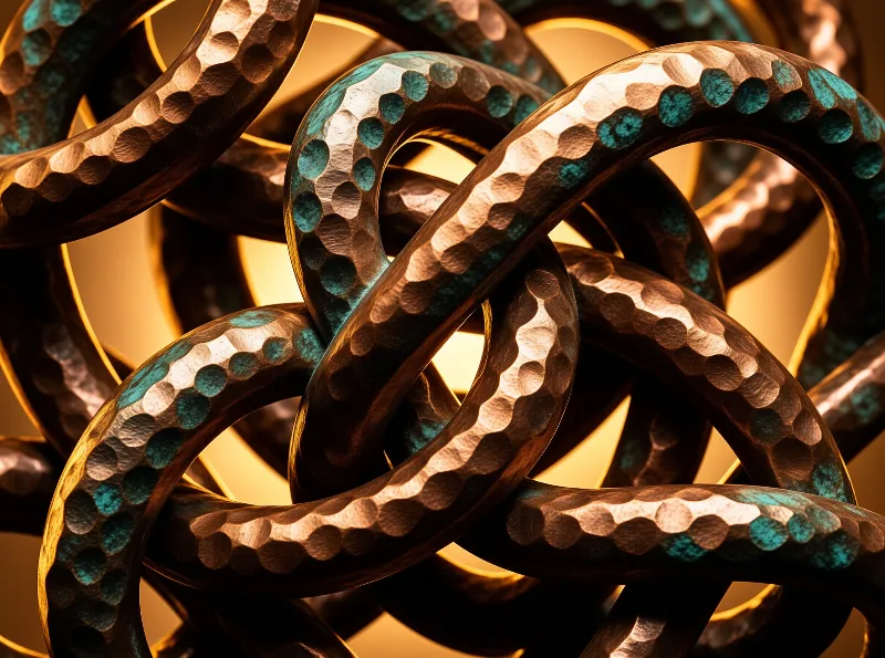 Interwoven metal bands with a hammered texture and turquoise spots glow under warm golden light.