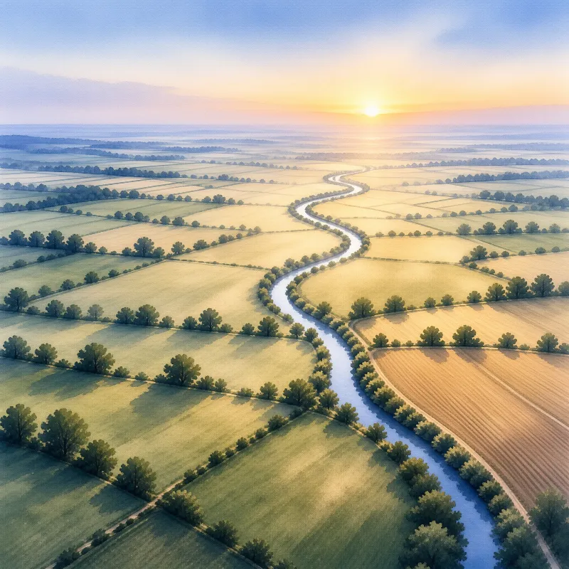 A winding river flows through patchwork fields during sunrise casting long shadows across the green and brown landscape.