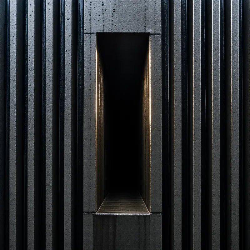 A rectangular concrete niche features warm interior lighting contrasted against dark vertical exterior panels.