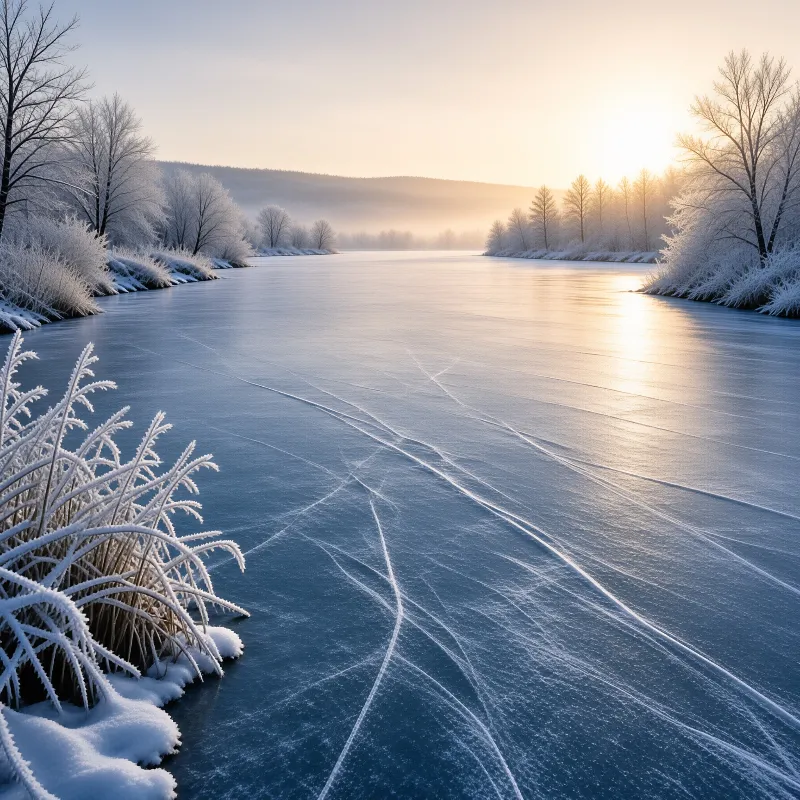 A frozen river stretches toward a misty horizon while the sun rises over frosty trees.
