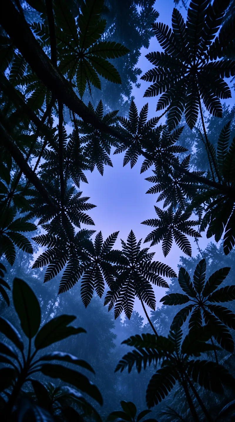 Looking up through dark intricate foliage reveals a patch of foggy blue sky surrounded by leafy branches.