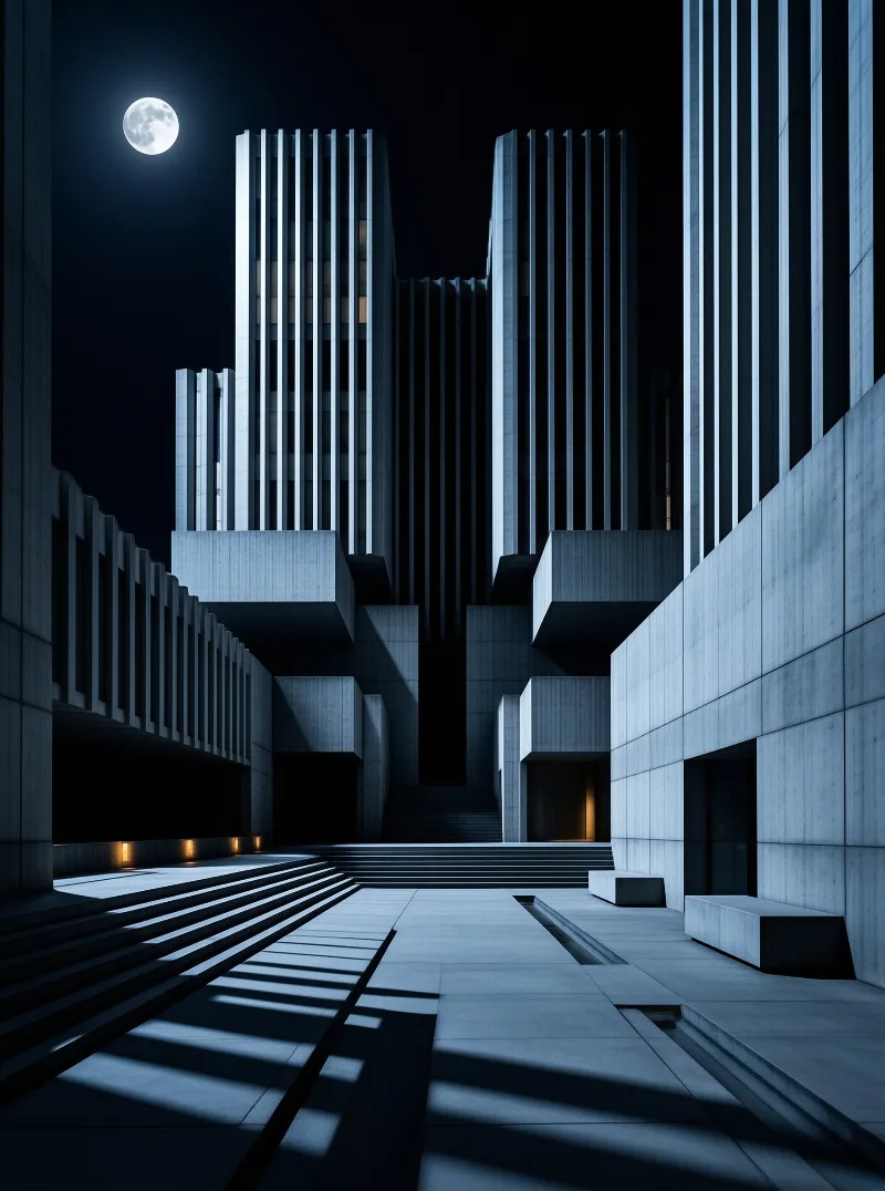 Ribbed concrete towers rise against a dark sky illuminated by a bright moon casting geometric shadows on the ground.