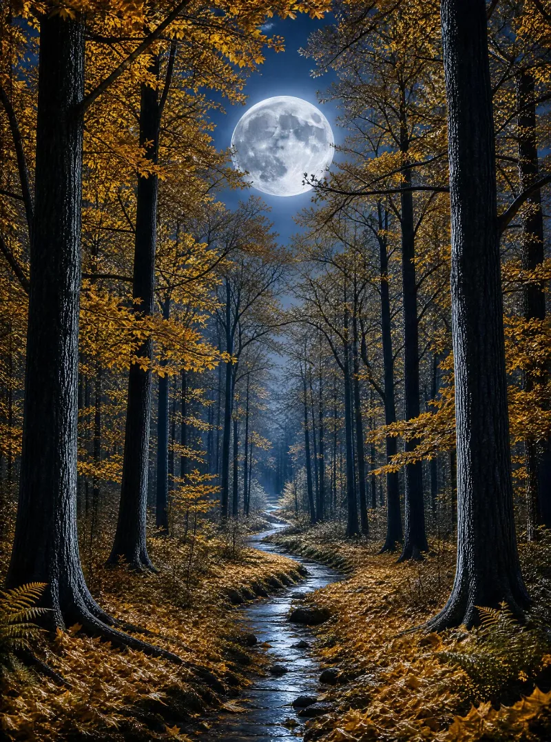Autumn Night Forest with Full Moon