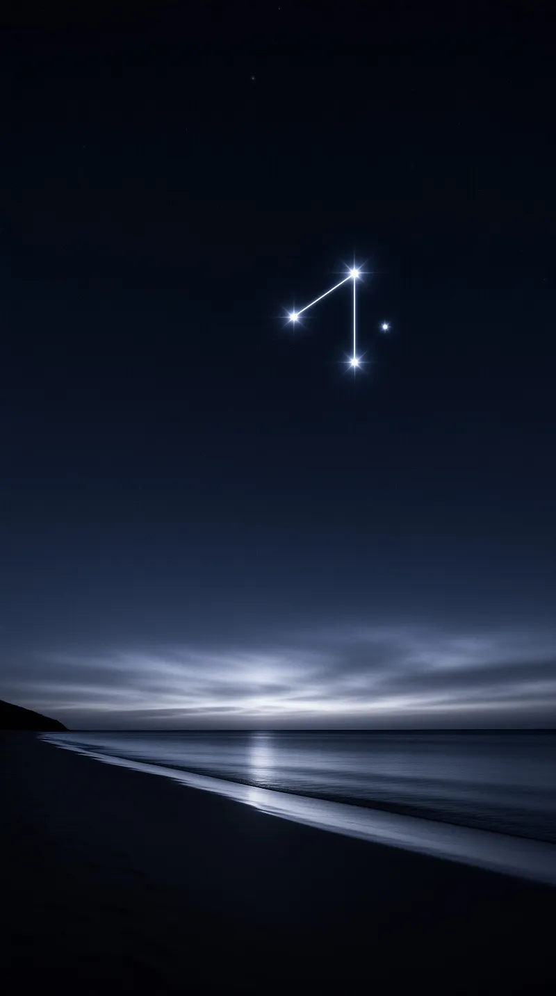 A bright constellation hangs in the night sky above a calm ocean shoreline reflecting the light.