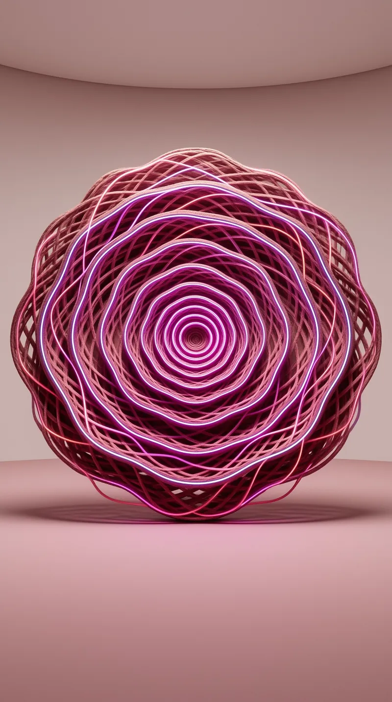 A spherical object made of interwoven pink and purple glowing wires sits on a smooth beige surface.