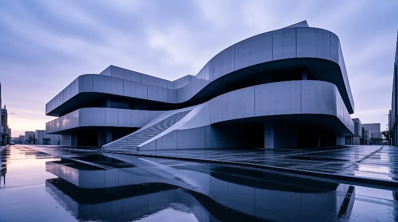 Sweeping concrete balconies curve over a rain slick square that mirrors the violet light of an overcast evening.