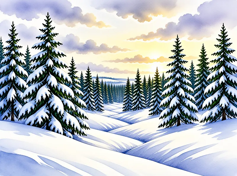 A dense stand of fir trees wears thick caps of snow as a soft pink sunset fills a quiet valley.