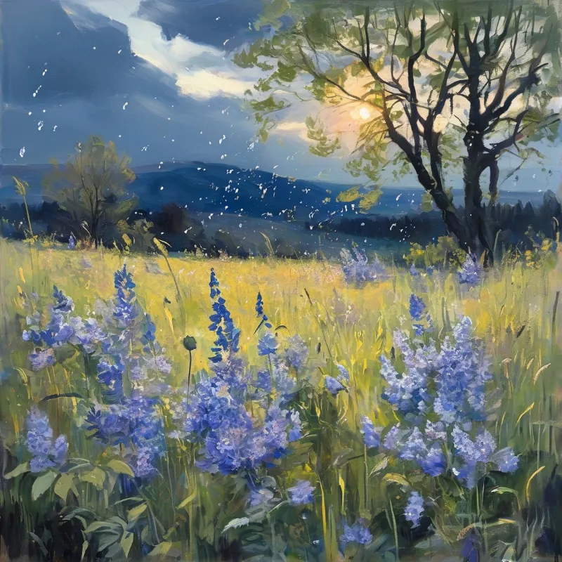 Impressionistic painting of purple wildflowers growing in a field with tall trees and distant hills under a partly cloudy sky.